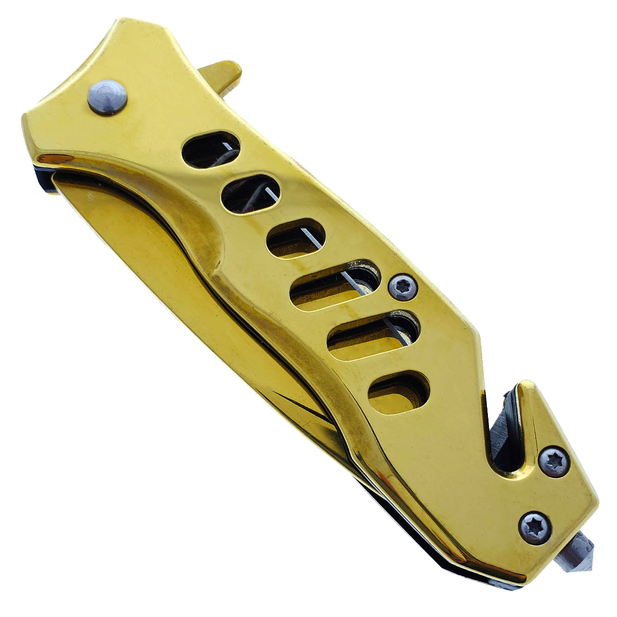 Falcon 6.5" Overall Spring Assisted Knife W/Seat Belt Cutter And Window Breaker Gold