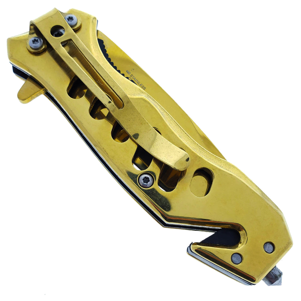 Falcon 6.5" Overall Spring Assisted Knife W/Seat Belt Cutter And Window Breaker Gold