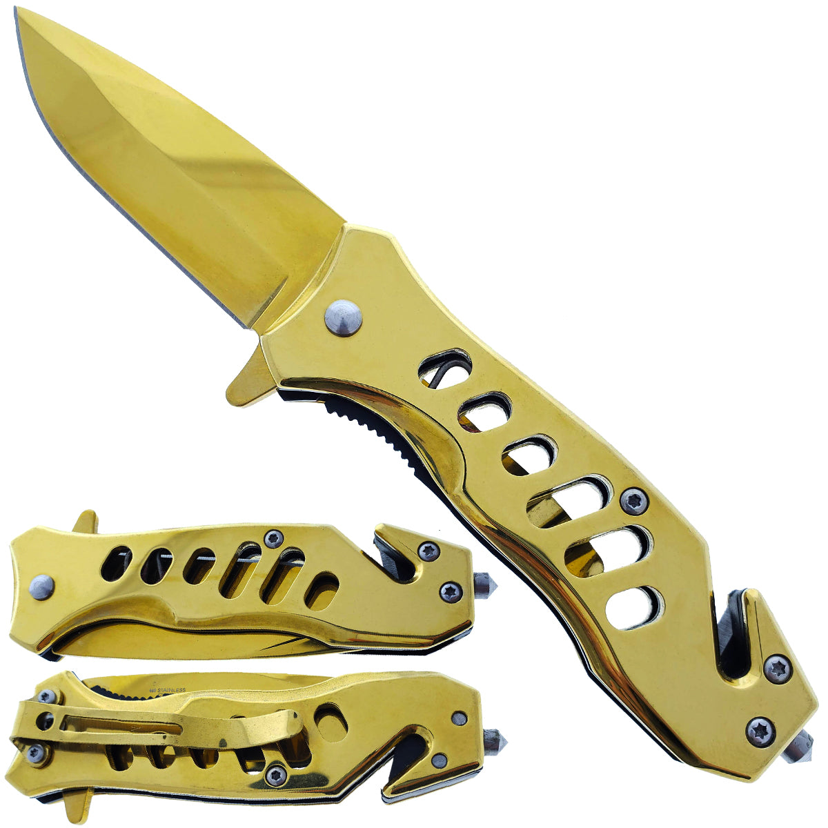 Falcon 6.5" Overall Spring Assisted Knife W/Seat Belt Cutter And Window Breaker Gold