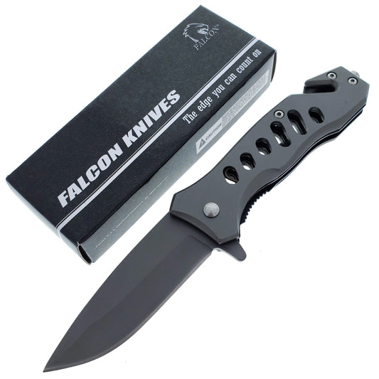 Falcon 6.5" Overall Spring Assisted Knife W/Seat Belt Cutter And Window Breaker Grey