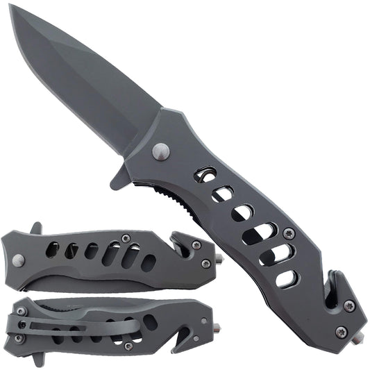 Falcon 6.5" Overall Spring Assisted Knife W/Seat Belt Cutter And Window Breaker Grey