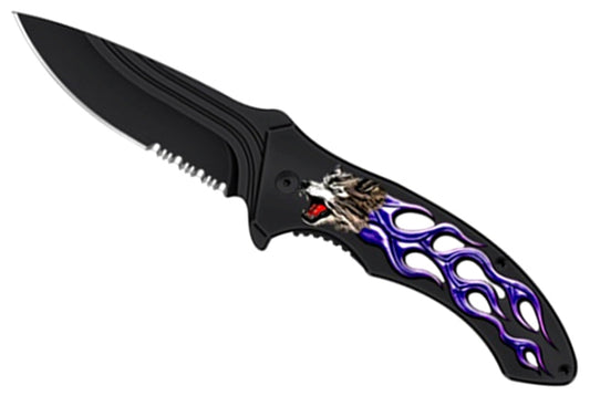 7 1/4" Spring Assisted Knife Purple Flame Wolf