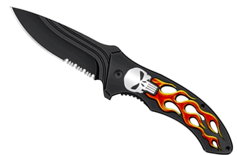 7 1/4" Spring Assisted Knife Red Flame Skull