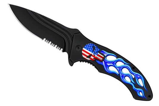 7 1/4" Spring Assisted Knife Blue US Skull Wolf