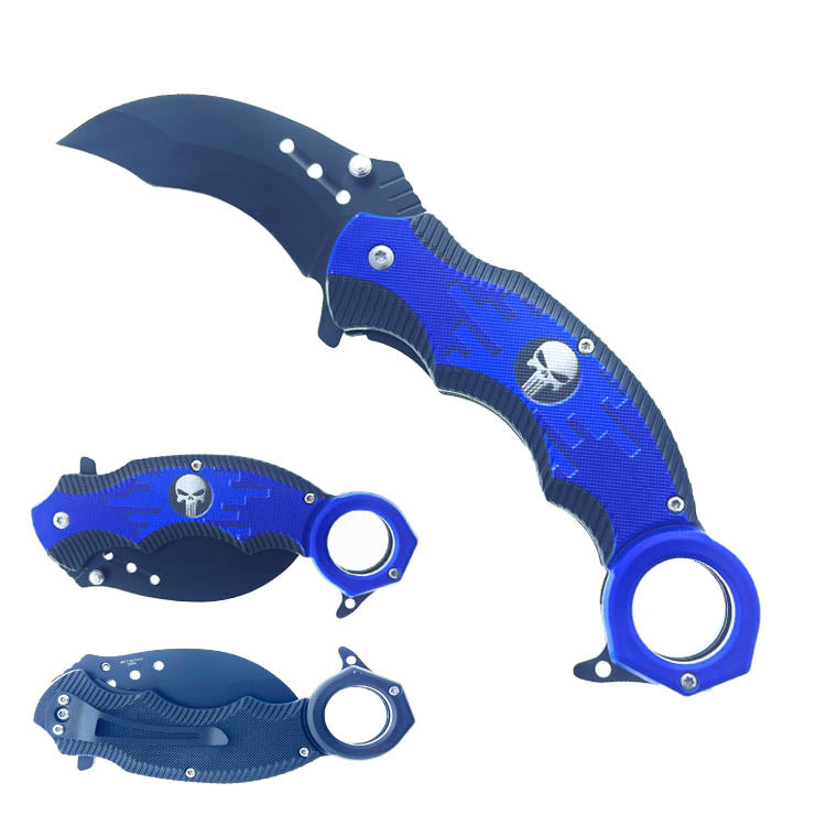 Falcon 7.75" Overall Spring Assisted Knife Blue Skull Design