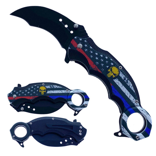 Falcon 7.75" Overall Spring Assisted Knife Red & Blue Skull Design