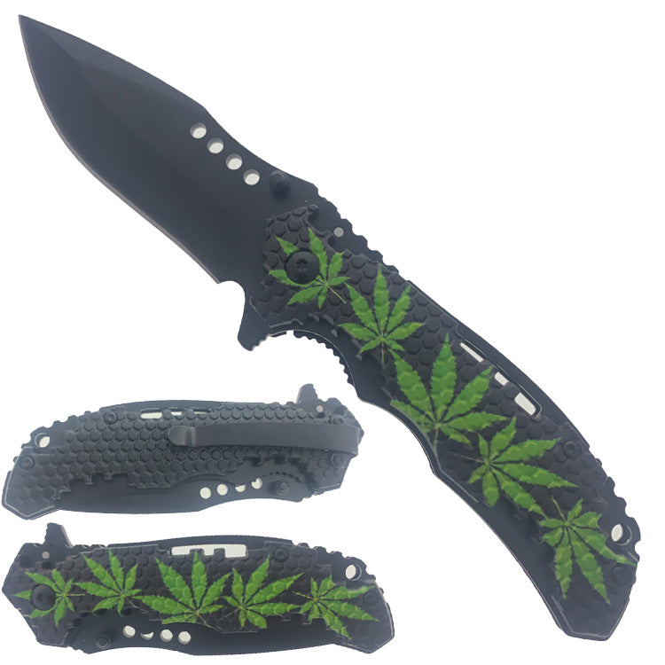 8.25" Spring Assisted Pocket Knife Green Marijuana ABS handle