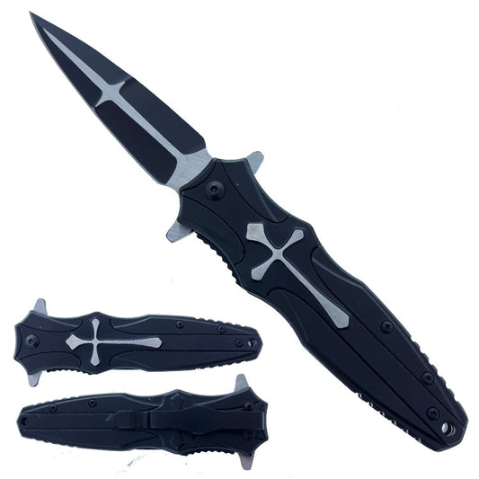 8.5" Overall Spring Assisted Knife with Black Celtic Cross Design