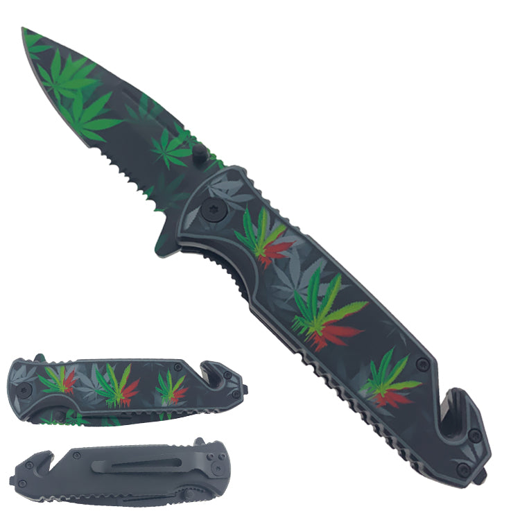 7.75" Green Marijuana Semi Automatic Spring Assisted Knife