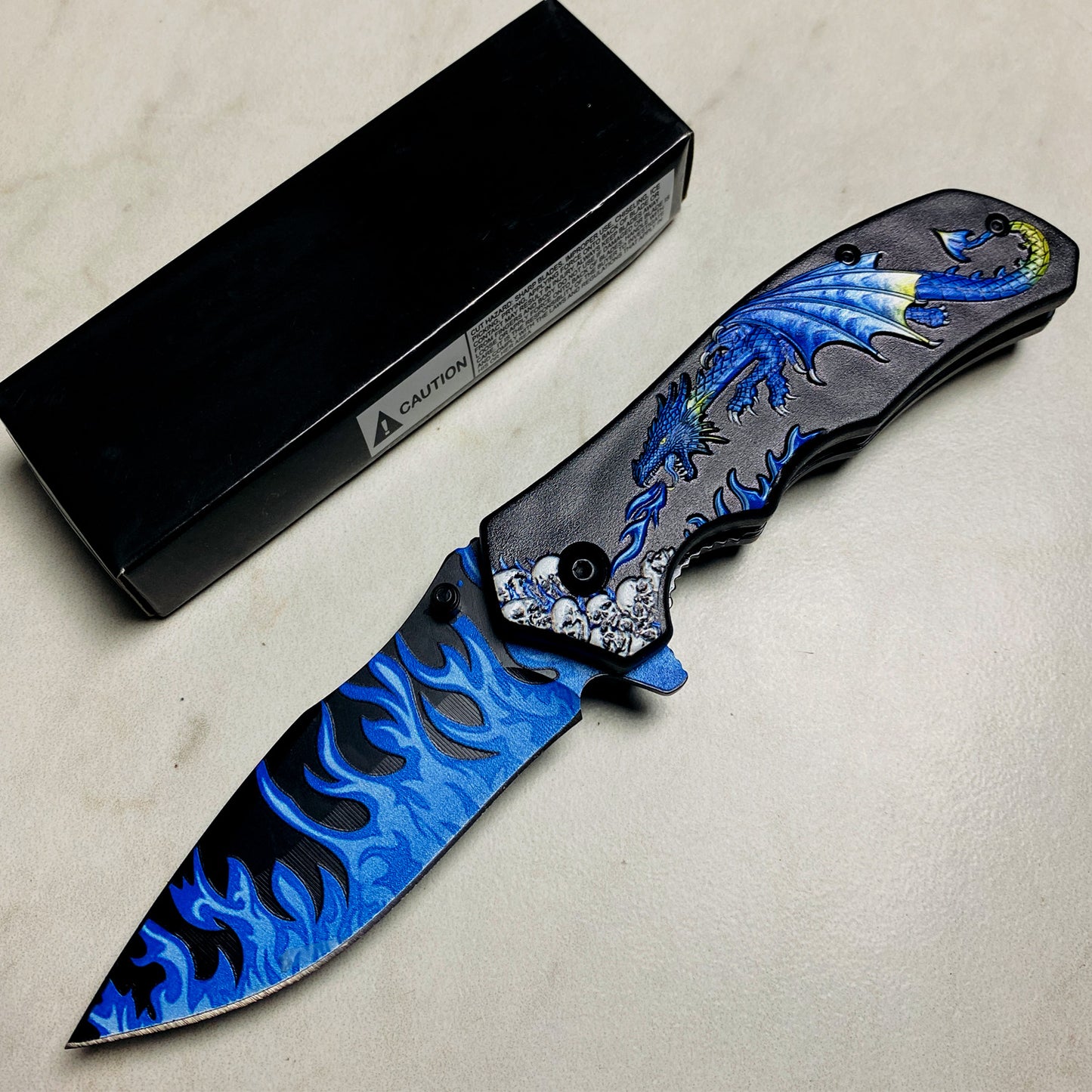 Falcon 8.25" Spring Assisted Knife Blue Dragon Blue Flames