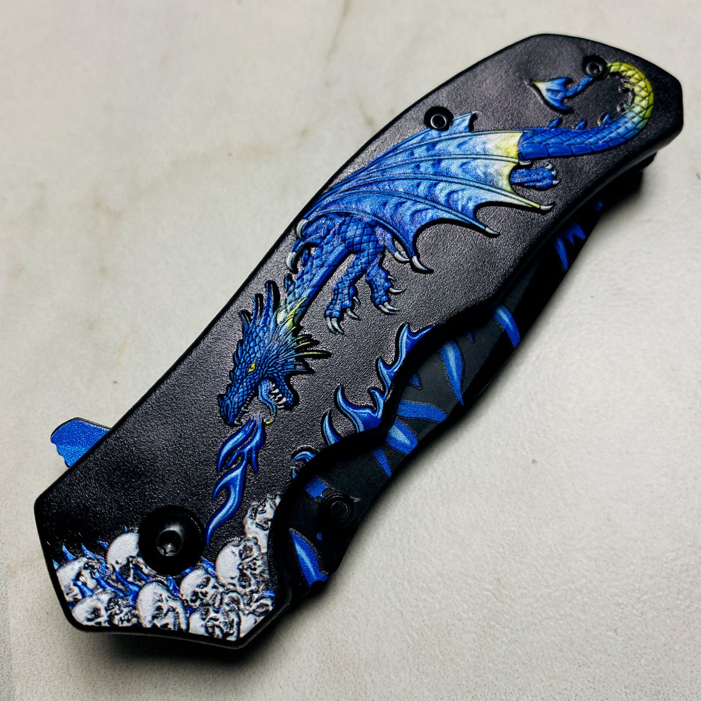 Falcon 8.25" Spring Assisted Knife Blue Dragon Blue Flames