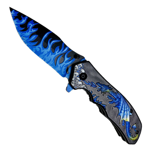 Falcon 8.25" Spring Assisted Knife Blue Dragon Blue Flames