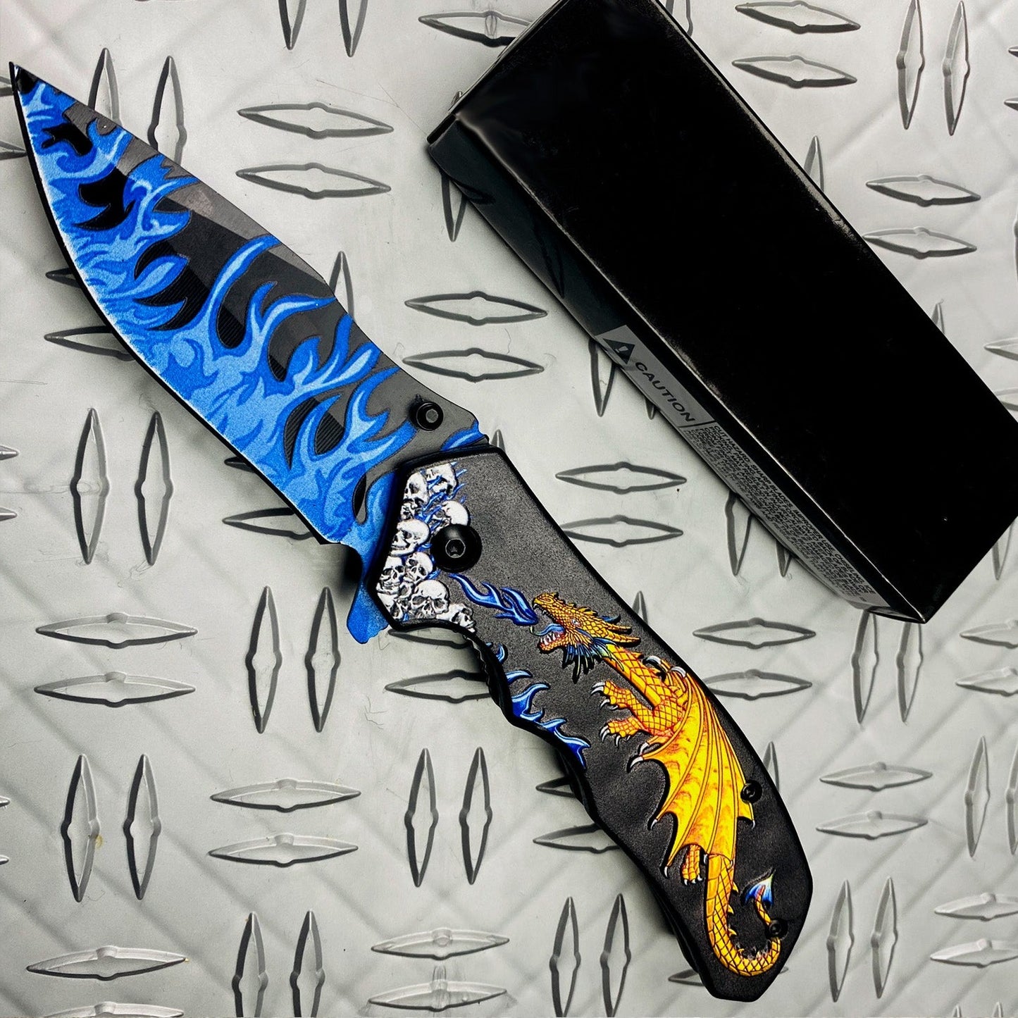 8.25" Overall in Length Spring Assisted Knife Yellow Dragon Blue Flames