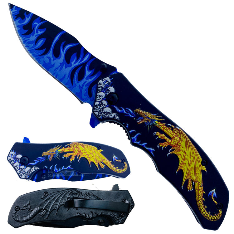 8.25" Overall in Length Spring Assisted Knife Yellow Dragon Blue Flames