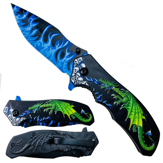 8.25" Overall in Length Spring Assisted Knife Green Dragon Blue Flames