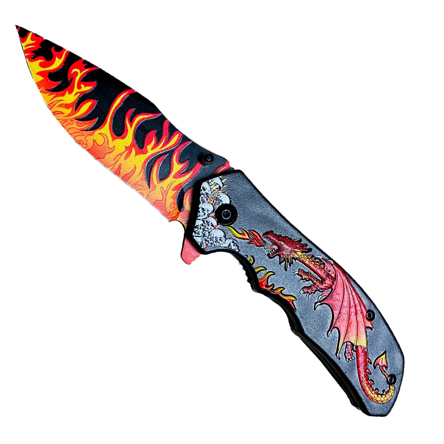 8.25" Overall in Length Spring Assisted Knife Red Dragon Red Flames