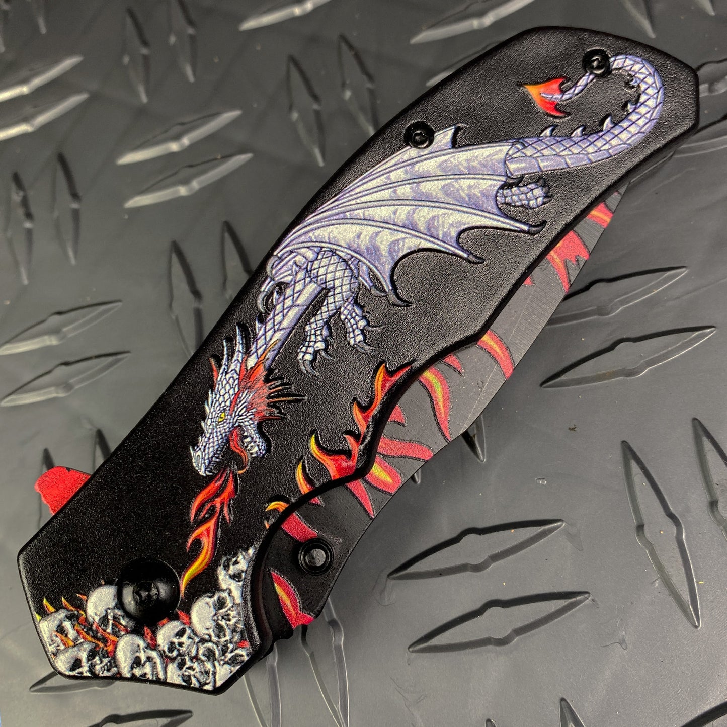 Purchase White Dragon Red Flames Pocket Knife Wholesale Price | PS.