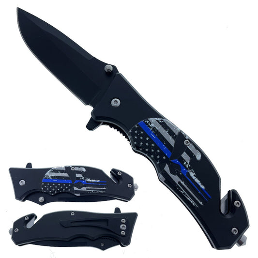 8" Overall Semi Automatic Pocket Knife W/ Glass Breaker Blue Skull