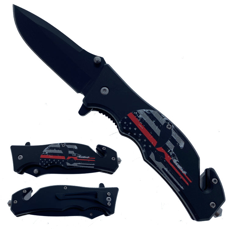 8" Overall Semi Automatic Pocket Knife W/ Glass Breaker Red Skull