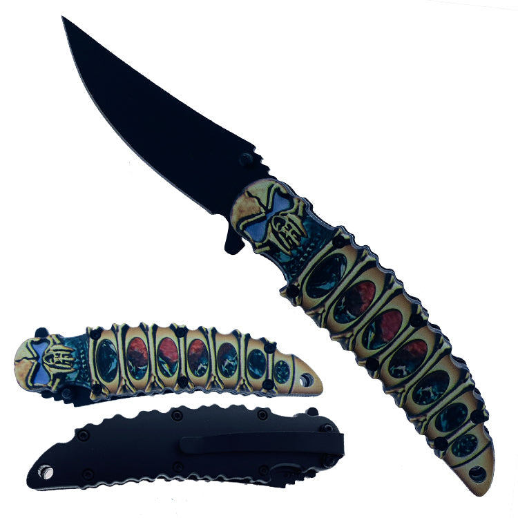 8.25" Skull Handle Spring Assisted Knife with Belt Clip - Blue