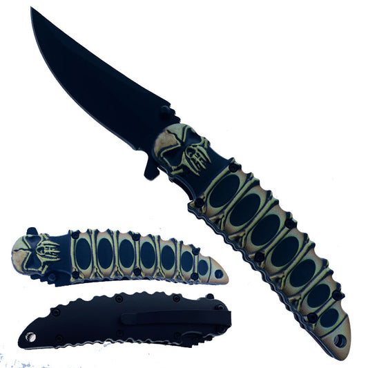 8.25" Skull Handle Spring Assisted Knife with Belt Clip - Black