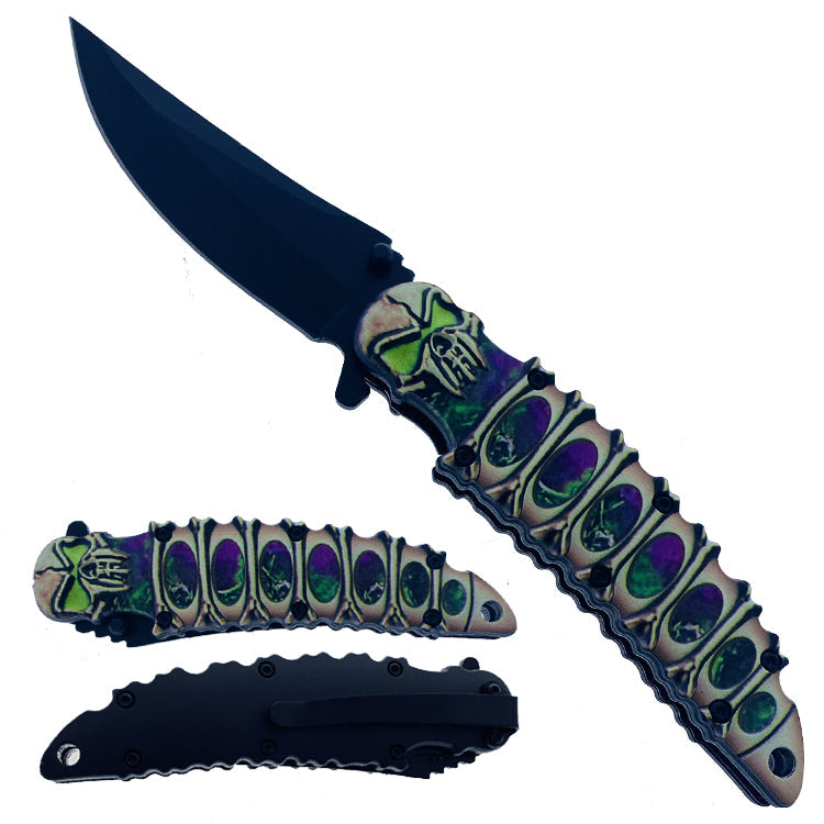 8.25" Skull Handle Spring Assisted Knife with Belt Clip - Green & Purple