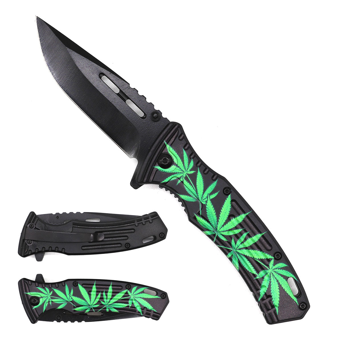 7.75" Overall spring assisted knife Marijuana Handle