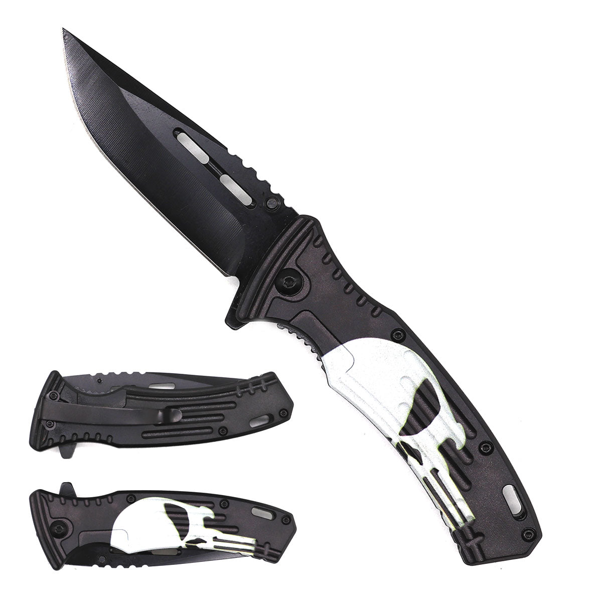 7.75" Overall spring assisted knife Skull Handle