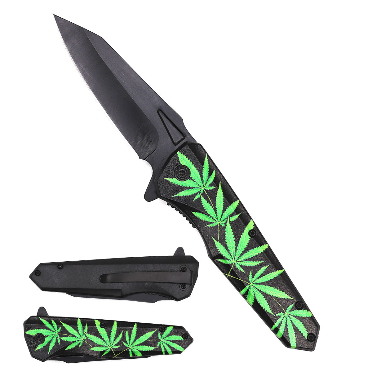 7.75" Spring Assisted Knife Green Marijuana ABS Handle