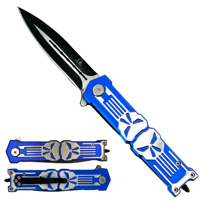 Falcon 7.75" Blue Skull Spring Assisted Knife