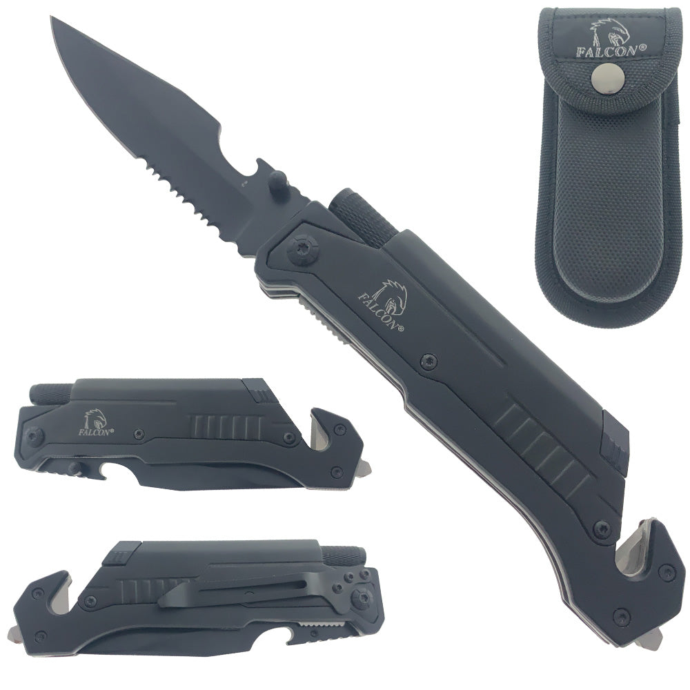 Falcon 8.25" Spring Assisted Knife Black Handle w/ Fire Starter & Flashlight