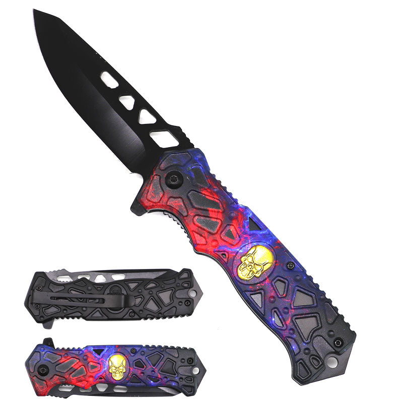 8.5" Spring Assisted Knife Blue & Red Skull