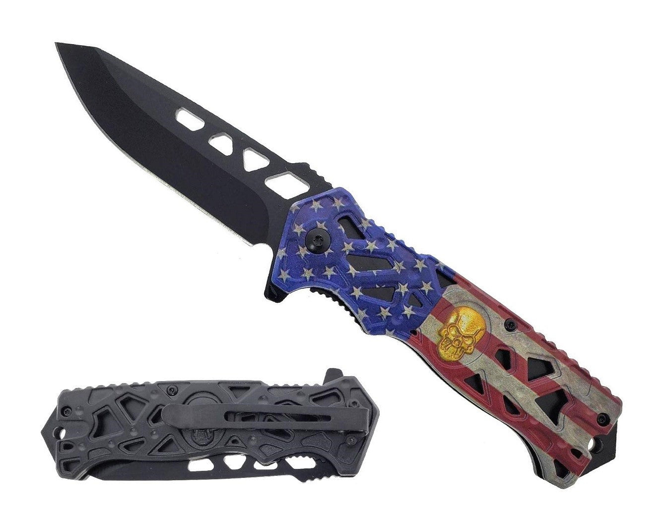 8.5" Spring Assisted Knife US Flag Skull