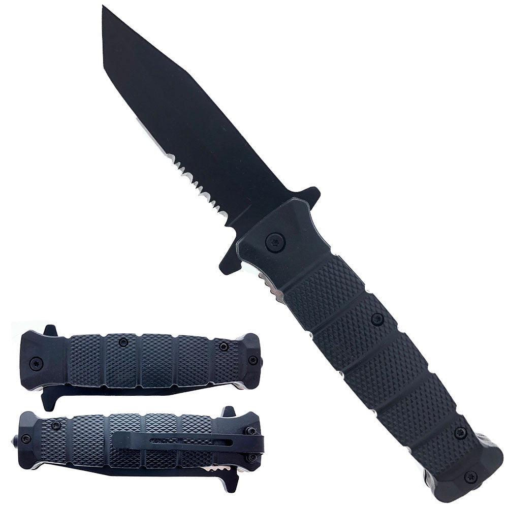 Pocket Knife Black Leather Like Handle - 3.5" Black Tanto Blade, 4.75"