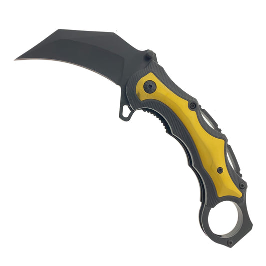 7" Gold Spring Assisted Karambit Gold & Wood ABS handle