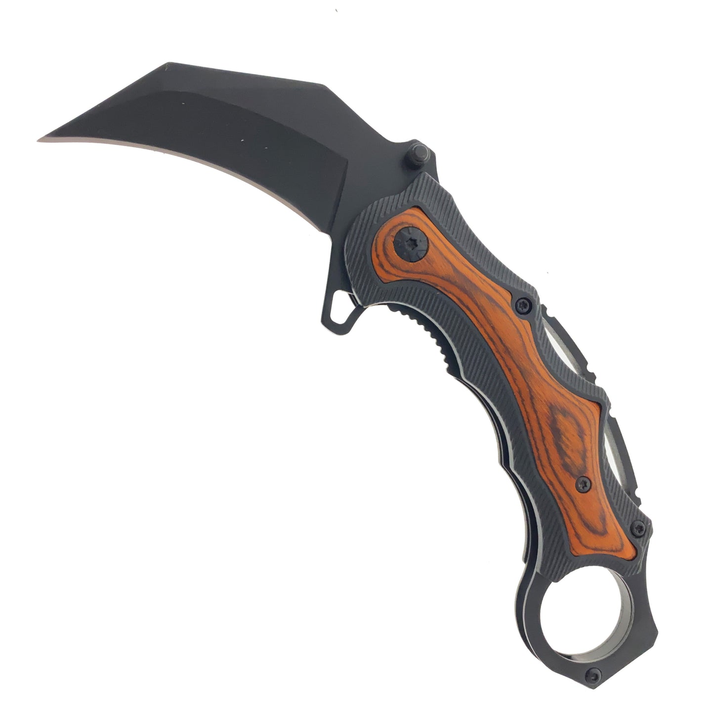 7" Black Spring Assisted Karambit Black & Wood ABS handle