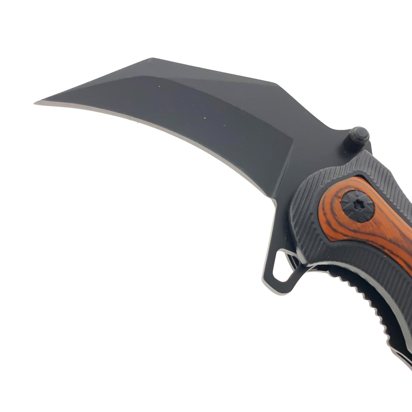 7" Black Spring Assisted Karambit Black & Wood ABS handle