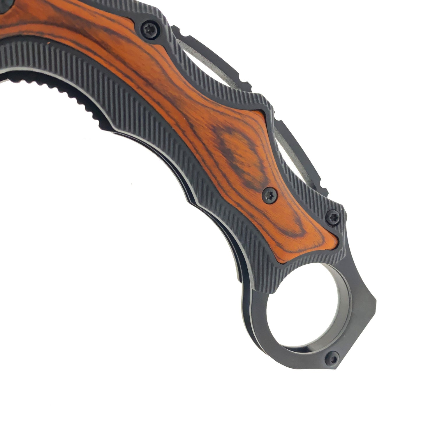 7" Black Spring Assisted Karambit Black & Wood ABS handle