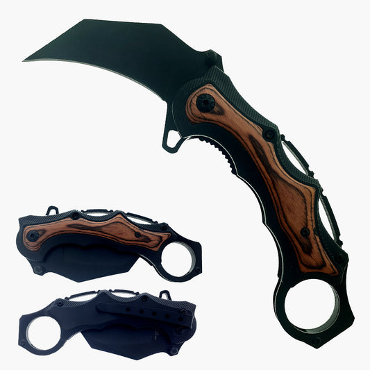 7" Black Spring Assisted Karambit Black & Wood ABS handle