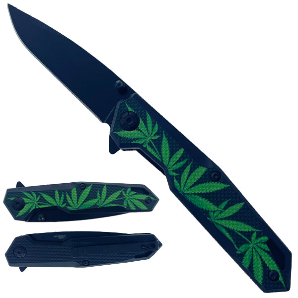 8" Spring Assisted Pocket Knife Textured Marijuana Handle