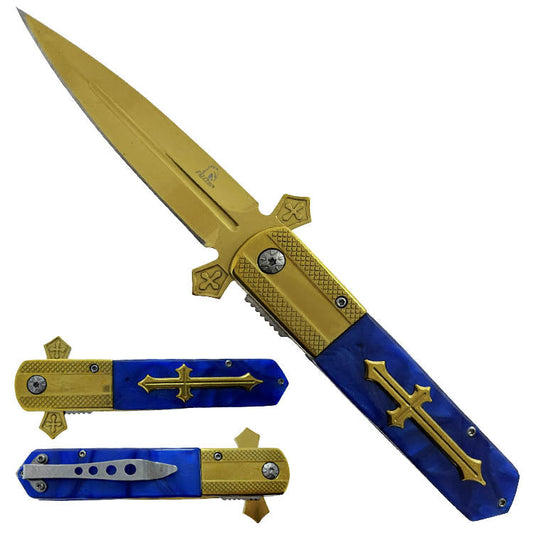 3 1/2 “ Gold Blade / Blue Handle w Cross / Assisted Knife