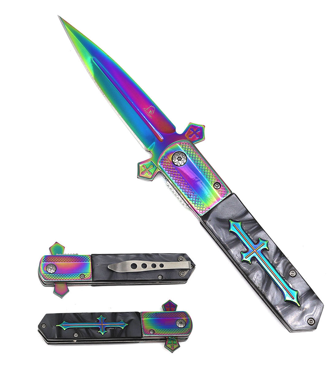 Falcon 8 7/8" Rainbow Blade Gray Damascus Handle Spring Assisted Knife