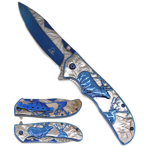 Falcon 8 1/2" Spring Assisted Pocket Knife w Silver/Blue Deer Design