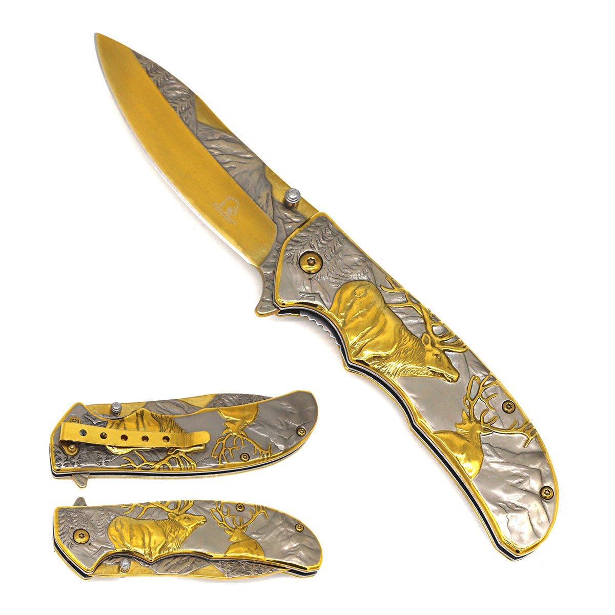 8 1/2" Spring Assisted Pocket Knife w Silver/Gold Deer Design