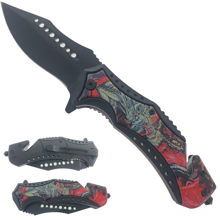 7.75" Spring Assisted Knife ABS Inlaid Red & Yellow Dragon 3D Printing Handle