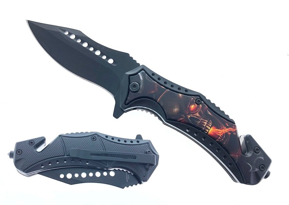 7.75" Spring Assisted Knife ABS Inlaid Red Flame Skull 3D Printing Handle
