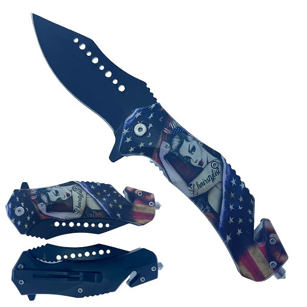 7.75" Spring Assisted Knife ABS Inlaid US FLAG 3D Printing Handle