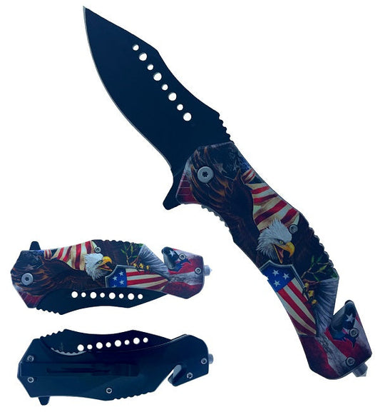 7.75" Spring Assisted Knife ABS Inlaid US Flag Eagle 3D Printing Handle