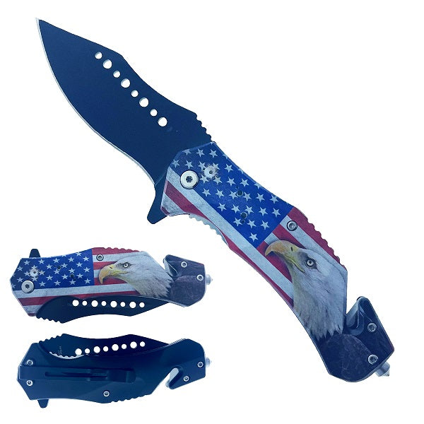 7.75" Spring Assisted Knife ABS Inlaid US Flag Eagle 3D Printing Handle