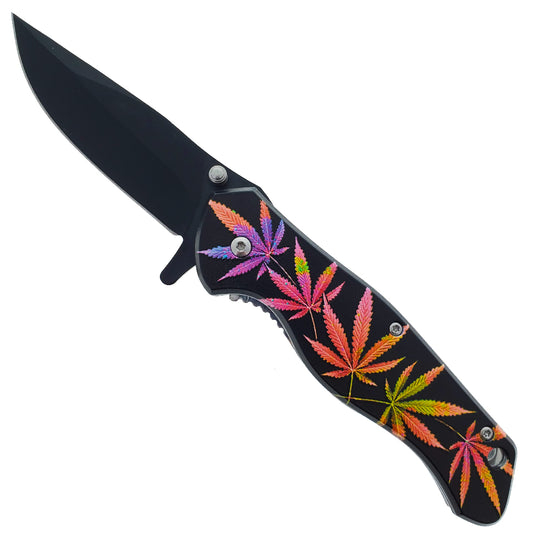 7.5" Spring Assisted Pocket Knife Purple Marijuana Leaf Handle